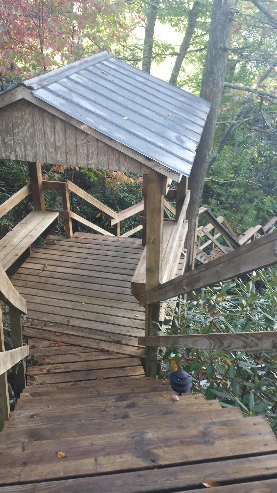 Metal roofed shelter over wooden steps on a wooded walkway — Skylight Repair & Installation work by our crew in Russiaville